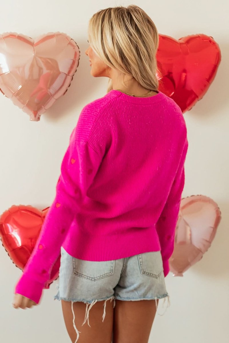 Rose Red Heart Shape Drop Shoulder Round Neck Sweater - Love Salve